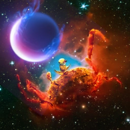 A star field with an orange crab-shaped nebula facing a dark purple moon with a bright magenta crescent.