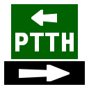 The PTTH logo, a green box sitting on a black conveyor belt. The box has an arrow pointing left, and the text &quot;PTTH&quot;, in white. The conveyor belt has an arrow pointing right, in white.