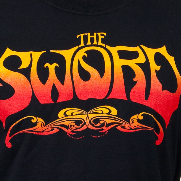 The Sword's 'fire' logo in bright orange on a black T-Shirt.